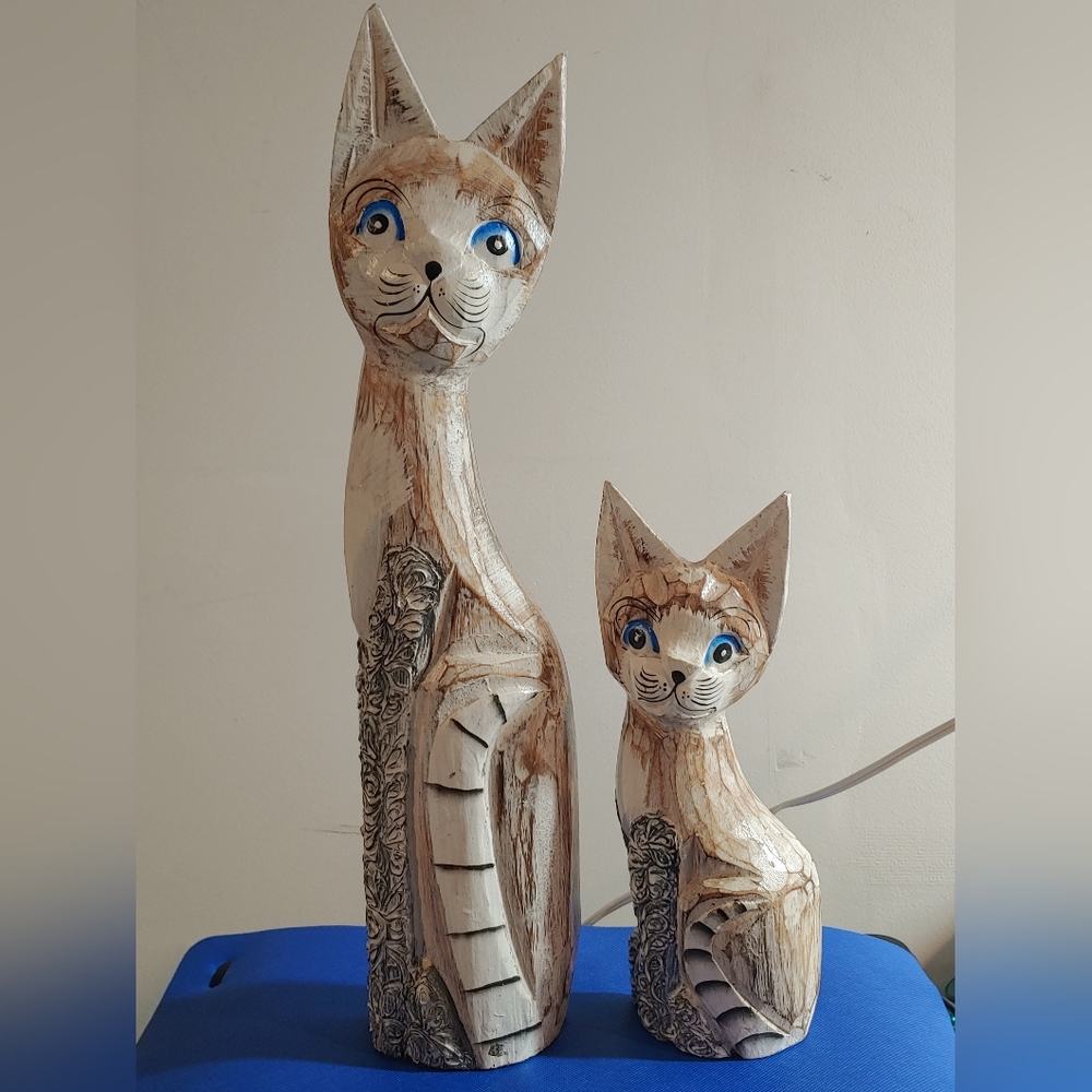 Blue Eyed Cat Duo Carved Wood Large Decor